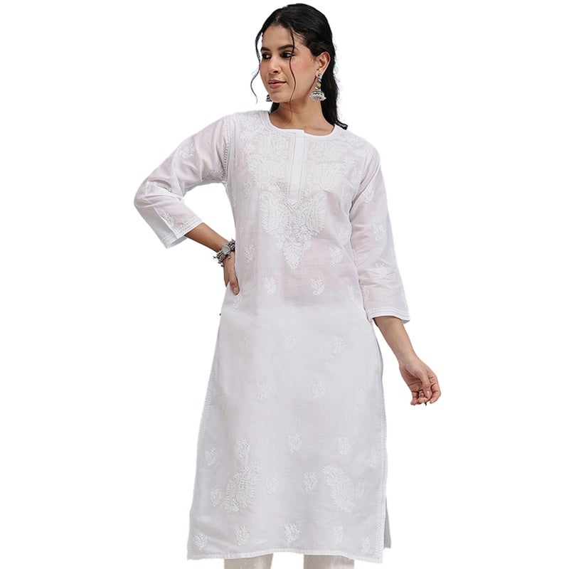 ADA كورتا كيرتي تونك قطن نسائي مطرزة يدوياً بأسلوب تشيكانكاري أدا A208441 (3X-كبير، أبيض) - Image 1